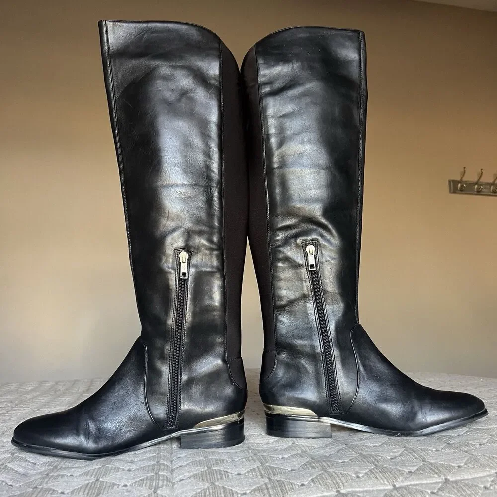 Ann Taylor Cody Black Leather Knee High Riding Boots Women 7 M Classic Side Zip‎
